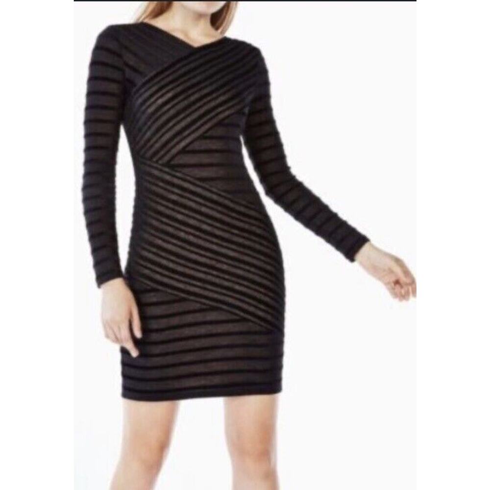 BCBG Maxazria Jerri Striped Black Velvet‎ Bodycon Sheath Dress Lined Size 4